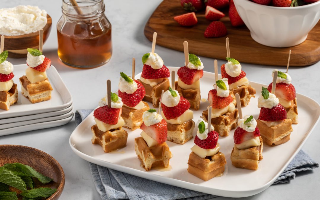 Strawberries and Cream Cheese Curd Waffle Bites