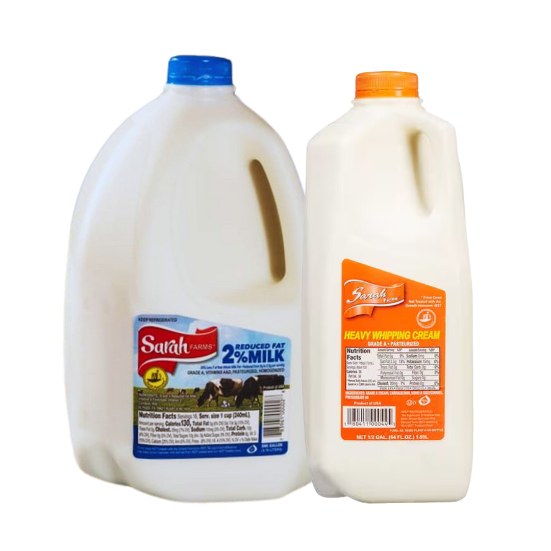 Sarah Farms gallon of whole milk and half gallon of heavy cream