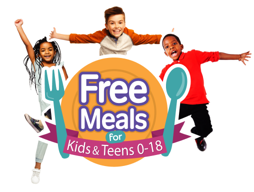 An image of young kids jumping in excitement next to the Summer Food Service logo that reads Free Meals for Kids and Teens