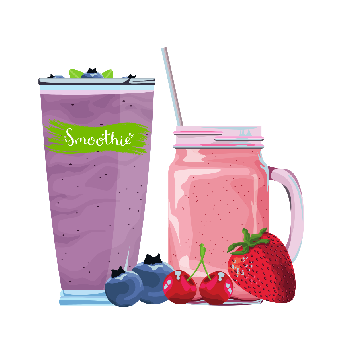 illustration of a blueberry smoothie in a tall glass and a strawberry smoothie in a glass mug